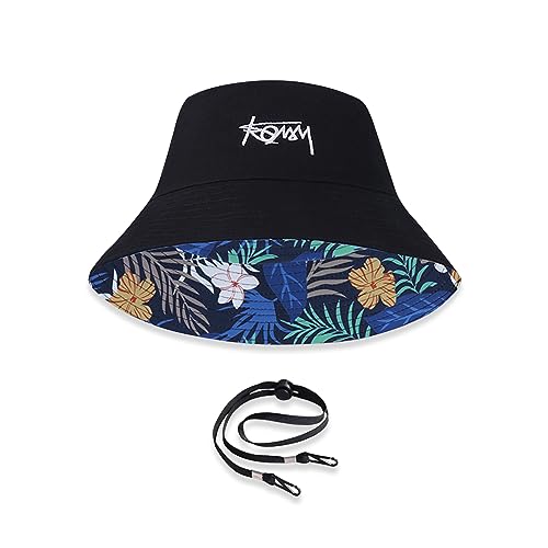 LumiSyne Unisex Wendbarer Fischerhut Einfarbig Mit Buchstaben Stickerei/Hawaii Stil Druck Doppelseitig Baumwolle Eimerhut Mit Abnehmbare Kinnband Faltbar Bucket Hat Sonnenhut Für Sommer Strand Reise von LumiSyne