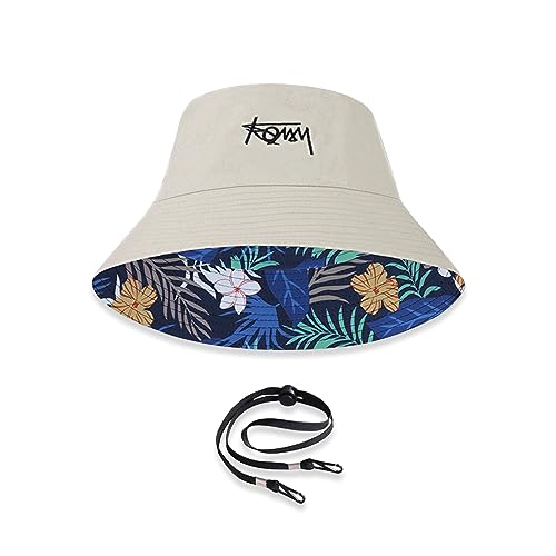 LumiSyne Unisex Wendbarer Fischerhut Einfarbig Mit Buchstaben Stickerei/Hawaii Stil Druck Doppelseitig Baumwolle Eimerhut Mit Abnehmbare Kinnband Faltbar Bucket Hat Sonnenhut Für Sommer Strand Reise von LumiSyne