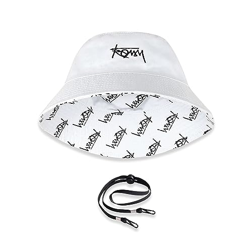 LumiSyne Unisex Wendbarer Fischerhut Einfarbig Mit Buchstaben Stickerei/Hawaii Stil Druck Doppelseitig Baumwolle Eimerhut Mit Abnehmbare Kinnband Faltbar Bucket Hat Sonnenhut Für Sommer Strand Reise von LumiSyne