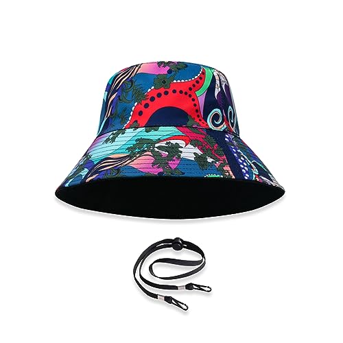LumiSyne Unisex Wendbarer Fischerhut Einfarbig Mit Buchstaben Stickerei/Hawaii Stil Druck Doppelseitig Baumwolle Eimerhut Mit Abnehmbare Kinnband Faltbar Bucket Hat Sonnenhut Für Sommer Strand Reise von LumiSyne
