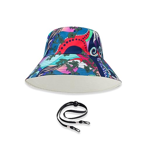 LumiSyne Unisex Wendbarer Fischerhut Einfarbig Mit Buchstaben Stickerei/Hawaii Stil Druck Doppelseitig Baumwolle Eimerhut Mit Abnehmbare Kinnband Faltbar Bucket Hat Sonnenhut Für Sommer Strand Reise von LumiSyne