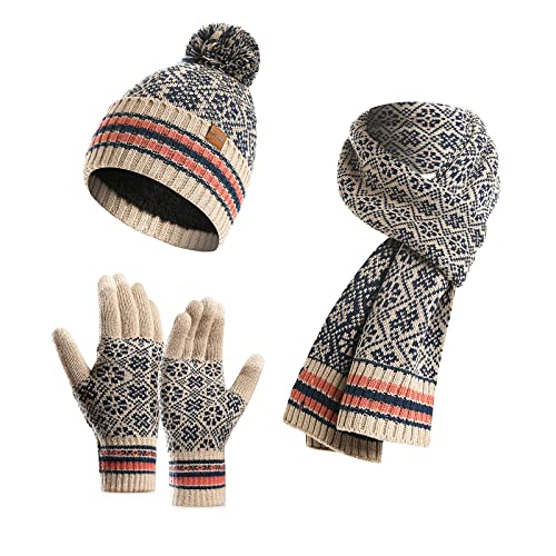 LumiSyne Winter 3 In 1 Mütze Schal Handschuh Sets Für Damen Beanie Strickmütze Langer Schal Touchscreen Handschuhe Jacquard Stricken Schneemuster Weicher Warme Dicke Futter von LumiSyne