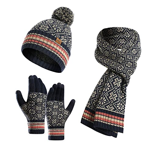 LumiSyne Winter 3 In 1 Mütze Schal Handschuh Sets Für Damen Beanie Strickmütze Langer Schal Touchscreen Handschuhe Jacquard Stricken Schneemuster Weicher Warme Dicke Futter von LumiSyne