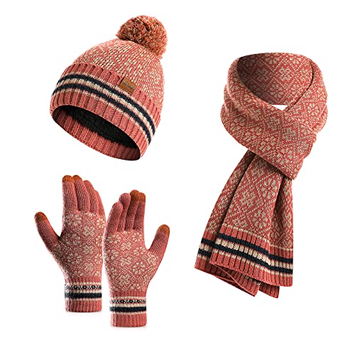 LumiSyne Winter 3 In 1 Mütze Schal Handschuh Sets Für Damen Beanie Strickmütze Langer Schal Touchscreen Handschuhe Jacquard Stricken Schneemuster Weicher Warme Dicke Futter von LumiSyne