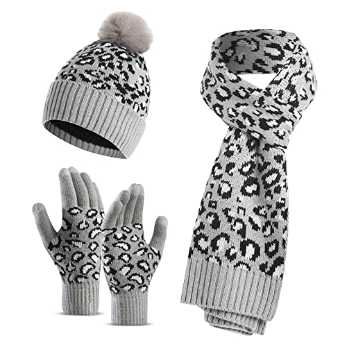 LumiSyne Winter 3 In 1 Mütze Schal Handschuh Sets Für Damen Beanie Strickmütze Langer Schal Touchscreen Handschuhe Leopard Stricken Mit Pompon Bommel Weicher Warme Dicke Futter von LumiSyne