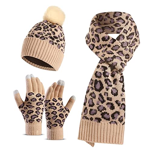 LumiSyne Winter 3 In 1 Mütze Schal Handschuh Sets Für Damen Beanie Strickmütze Langer Schal Touchscreen Handschuhe Leopard Stricken Mit Pompon Bommel Weicher Warme Dicke Futter LumiSyne Winter 3 In 1 Mütze Schal Handschuh Sets Für Damen Beanie Strickmütze Langer Schal Touchscreen Handschuhe Leopard Stricken Mit Pompon Bommel Weicher Warme Dicke Futter von LumiSyne