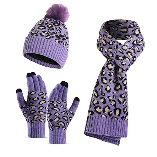 LumiSyne Winter 3 In 1 Mütze Schal Handschuh Sets Für Damen Beanie Strickmütze Langer Schal Touchscreen Handschuhe Leopard Stricken Mit Pompon Bommel Weicher Warme Dicke Futter von LumiSyne