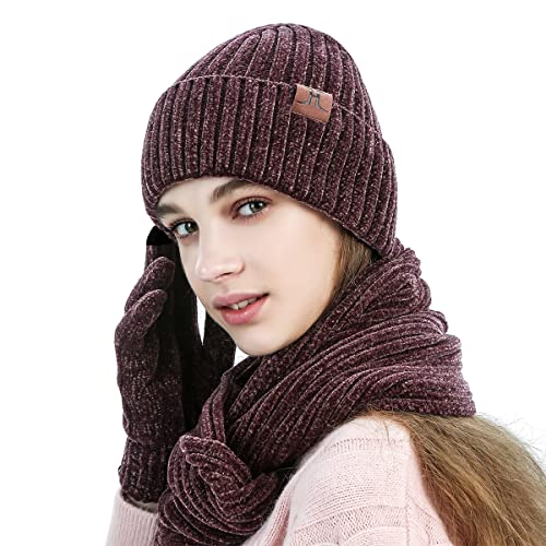 LumiSyne Winter 3 In 1 Mütze Schal Handschuh Sets Für Herren Damen Exquisite Jacquard Einfarbig Schal Beanie Strickmütze Touchscreen Handschuhe Fortschrittlicher Weicher Chenille Stoff (Rot) von LumiSyne