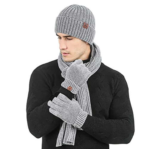 LumiSyne Winter 3 In 1 Mütze Schal Handschuh Sets Für Herren Damen Exquisite Jacquard Einfarbig Schal Beanie Strickmütze Touchscreen Handschuhe Fortschrittlicher Weicher Chenille Stoff von LumiSyne