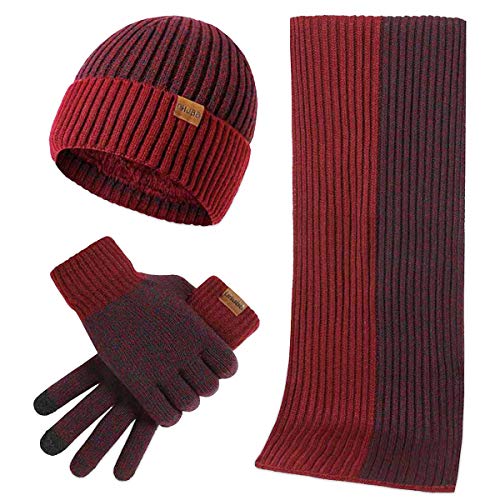 LumiSyne Winter 3 In 1 Mütze Schal Handschuh Sets Für Herren Damen Mode Einfache Zweifarbige Jacquard Touchscreen Handschuhe Beanie Strickmütze Langer Schal Verdickte Und Weiche Wolle von LumiSyne