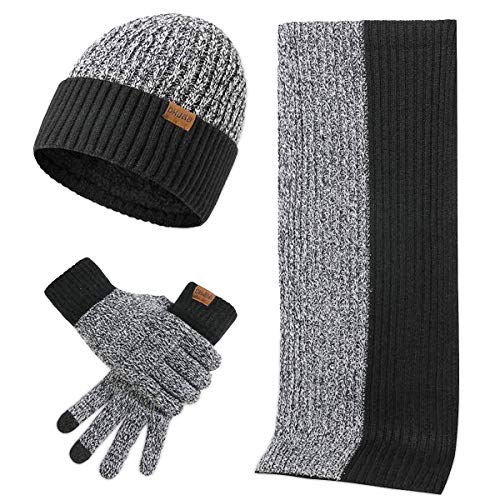 LumiSyne Winter 3 In 1 Mütze Schal Handschuh Sets Für Herren Damen Mode Einfache Zweifarbige Jacquard Touchscreen Handschuhe Beanie Strickmütze Langer Schal Verdickte Und Weiche Wolle von LumiSyne