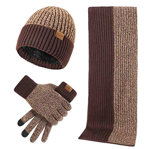 LumiSyne Winter 3 In 1 Mütze Schal Handschuh Sets Für Herren Damen Mode Einfache Zweifarbige Jacquard Touchscreen Handschuhe Beanie Strickmütze Langer Schal Verdickte Und Weiche Wolle von LumiSyne