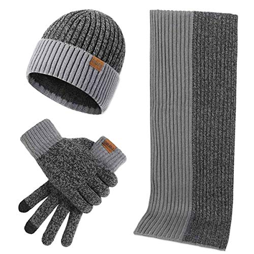 LumiSyne Winter 3 In 1 Mütze Schal Handschuh Sets Für Herren Damen Mode Einfache Zweifarbige Jacquard Touchscreen Handschuhe Beanie Strickmütze Langer Schal Verdickte Und Weiche Wolle von LumiSyne