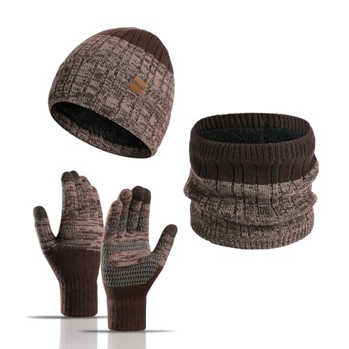 LumiSyne Winter 3 In 1 Mütze Schal Handschuh Sets Für Herren Damen Zweifarbiger Jacquard Stricken Beanie Strickmütze Schlauchschal Dicke Weich Fleece Gefütterte Kaltes Wetter Warme Sets Für Draußen von LumiSyne