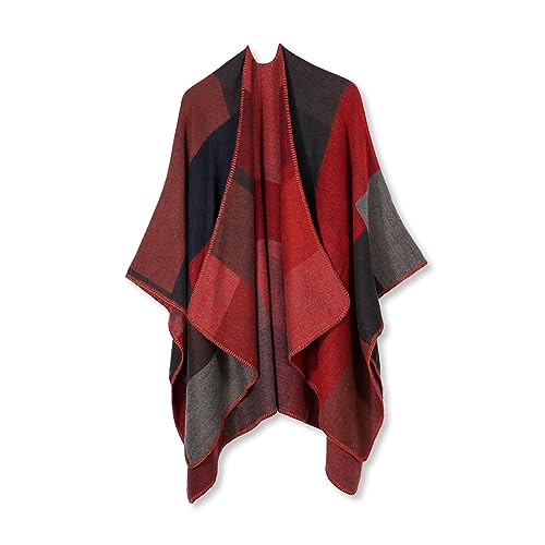 LumiSyne Winter Kaschmir Schal Für Damen Poncho Schal Cape Strick Farbnähte Karierte Muster Offene Front Cardigan Poncho Tartan Decke Kap-Schal Elegant Umhängetuch Stola Übergroße Warme Pashmina Schal von LumiSyne