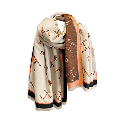 LumiSyne Winter Schal Kaschmir Stolen Für Damen Alphabet Und Retro Pferd Muster Warmer Pashmina Schals Mit Quasten Weiche Lange Schultertuch Stola von LumiSyne