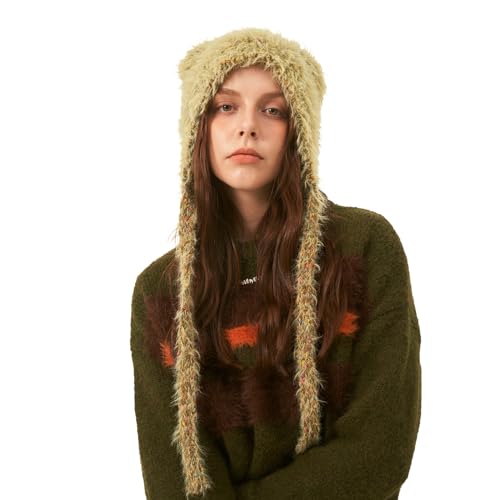 LumiSyne Wintermütze Für Damen Mädchen Stricken Ohrenklappe Hut Niedliche Katzenohr Form Trendy y2k Style Pelzige Strickmütze Mit Bunten Tupfen Langen Ohrriemen Warme Peruanische Beanie Foto Requisite von LumiSyne