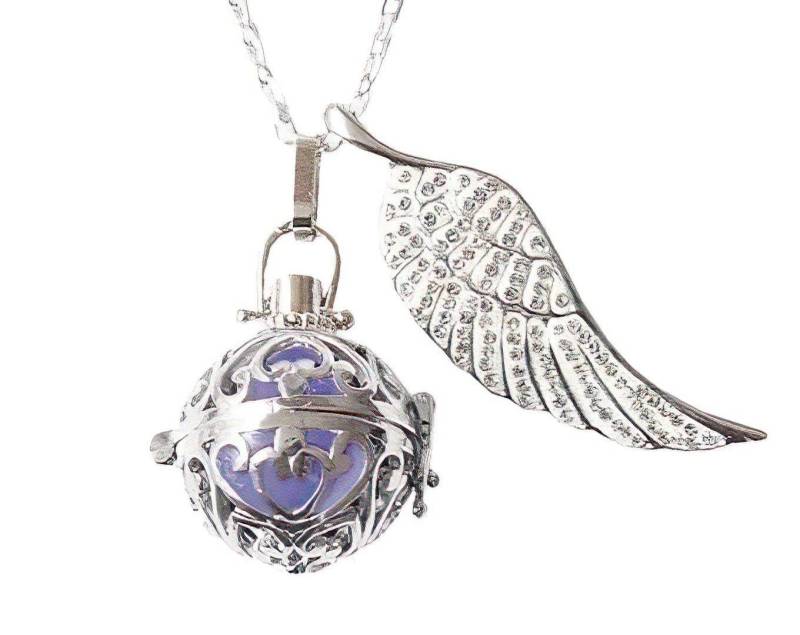 Medura Lila Engelsrufer Kette, Klangkugel, Strass-Flügel, Geburt, Werdende Mütter, Geschenk, 70cm , Geschenkset von LumiViva