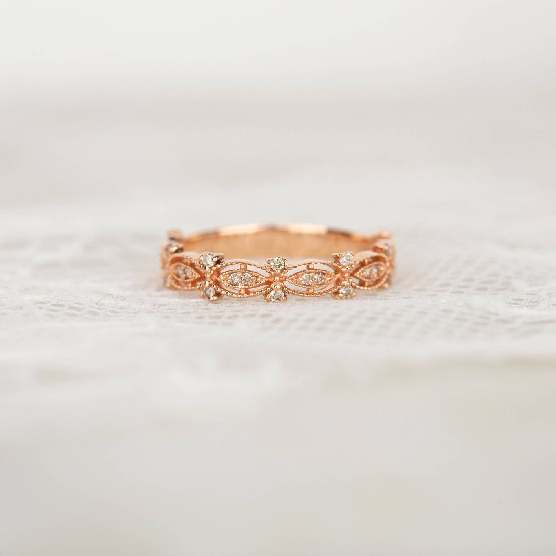 Natürlicher Champagner Diamanten Ring in Massivem 14K Roségold, Echte Diamant Hochzeitsband, Art Deco Roségold Ring, Jahrestag Geschenk Für Sie von LumielJewelry