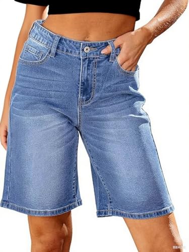 LuminBlaze Jeans Shorts Damen High Waist Trendig Knielang Kurze Jeans Stretch Weite Bein Lockere Passform Bermuda Lange Shorts von LuminBlaze