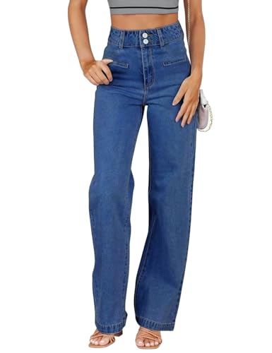 LuminBlaze Jeans Damen Weites Bein High Waist Stretch Wide Leg Jeans mit Doppelknopfverschluss – Vintage Loose Fit Denim von LuminBlaze
