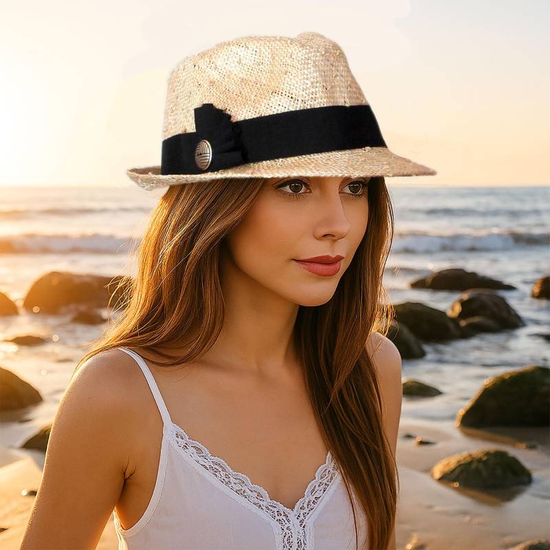 Handgemachte Geknotete Stroh Fedora Parasisal Hut Mit Schwarzer Zierleiste Handgemachte Geknotete Stroh Fedora Parasisal Hut Mit Schwarzer Zierleiste von LuminataCo