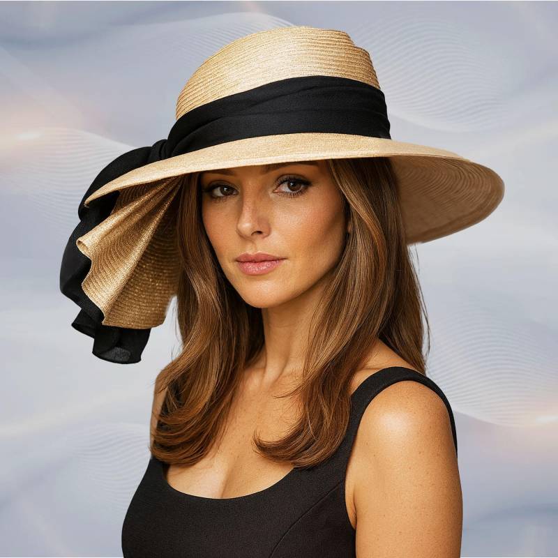 Handgemachter Derby-Hut Sonya - Stroh Mit Breiter Krempe Und Schwarzer Seiden-Schärpe Handgemachter Derby-Hut Sonya - Stroh Mit Breiter Krempe Und Schwarzer Seiden-Schärpe von LuminataCo