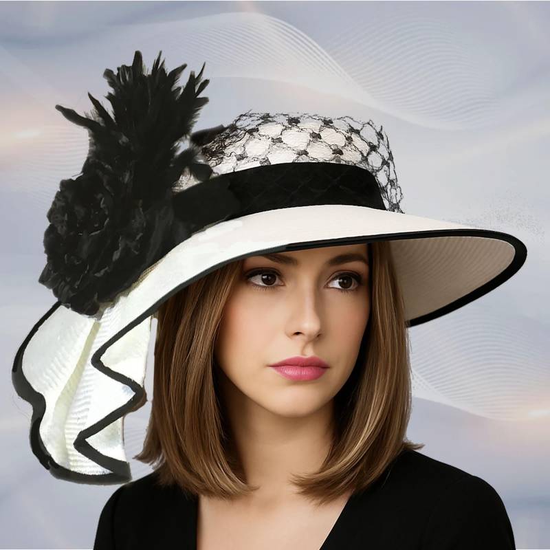 Schwarz Weisser Kentucky Derby Hut Strohhut Couture Hut, "Sony" Schwarz Weisser Kentucky Derby Hut Strohhut Couture Hut, "Sony" von LuminataCo
