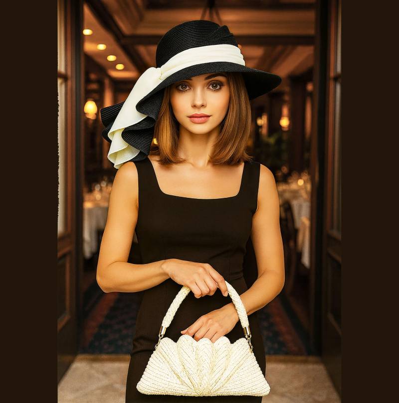 Schwarzer Strohhut Mit Breiter Krempe, Seidengeorgette Und Seitlichen Falten | "Handgemachter Kentucky Derby Hut Für Damen, "Sonya" Schwarzer Strohhut Mit Breiter Krempe, Seidengeorgette Und Seitlichen Falten | "Handgemachter Kentucky Derby Hut Für Damen, "Sonya" von LuminataCo