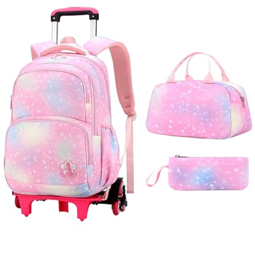Mädchen Rucksack mit Rollen ,Schultrolley Kinder ,Wasserdichter,mit Lunch Bag Inklusive Federmäppchen ,Verstellbare Zugstange ,Schulranzen Detach ,Treppensteigen,für(von 7–12 Jahren) Schule,Reisen von LuminescentDream