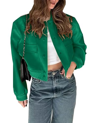 Lumister Damen-Bomberjacke, knöpfbar, leicht, bauchfrei, mit Seitentaschen, Dunkelgrün, S von Lumister