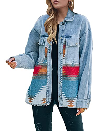 Lumister Damen Jeansjacke Aztekenjacke Distressed Lapel Langarm Vintage Button Down Denim Jacke Shacket, Blau, M von Lumister