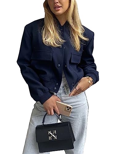 Lumister Damen Mode Cropped Button Down Leichte Cropped Bomberjacke Varsity Shacket mit Seitentaschen, Dunkelblau, L von Lumister