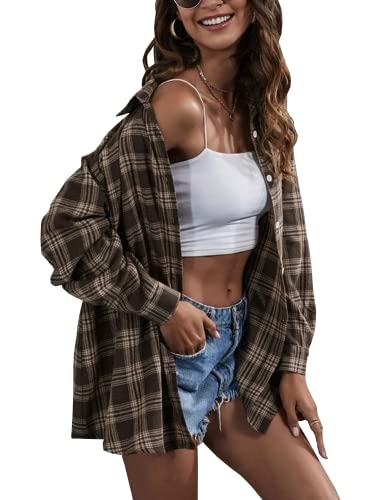 Lumister Übergroßes Flanellhemd für Damen, langärmelig, kariert, Knopfleiste, Büffelhemd, Bluse, Tops mit einer Tasche, dark coffee, XX-Large von Lumister