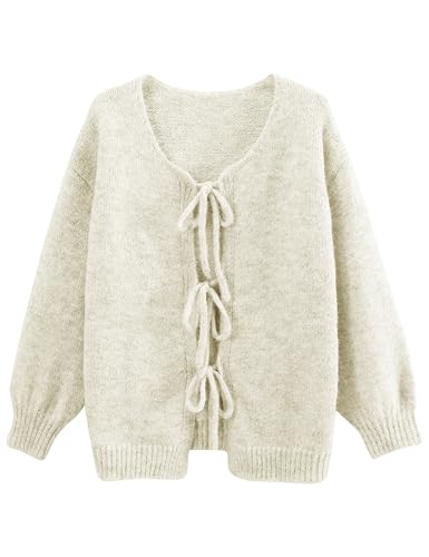 Lumister Niedliche übergroße Strickjacke für Damen, Y2K, langärmelig, V-Ausschnitt, Fliege vorne, Cadigan-Strickwaren, Schleifen-Oberteil, Beige, Klein Lumister Niedliche übergroße Strickjacke für Damen, Y2K, langärmelig, V-Ausschnitt, Fliege vorne, Cadigan-Strickwaren, Schleifen-Oberteil, Beige, Klein von Lumister