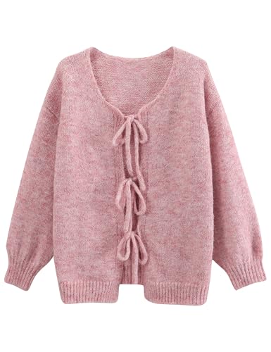Lumister Niedliche übergroße Strickjacke für Damen, Y2K, langärmelig, V-Ausschnitt, Fliege vorne, Cadigan-Strickwaren, Schleifen-Oberteil, Pink, Mittel Lumister Niedliche übergroße Strickjacke für Damen, Y2K, langärmelig, V-Ausschnitt, Fliege vorne, Cadigan-Strickwaren, Schleifen-Oberteil, Pink, Mittel von Lumister