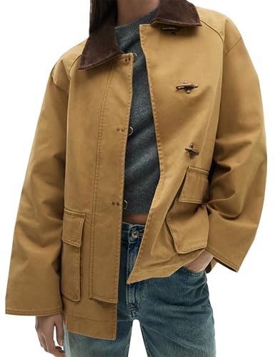 Lumister Übergroße Scheunenjacke für Damen, kontrastierender Reverskragen, Retro-Stil, Knopfleiste, lässiger Canvas-Mantel, Khaki, M Lumister Übergroße Scheunenjacke für Damen, kontrastierender Reverskragen, Retro-Stil, Knopfleiste, lässiger Canvas-Mantel, Khaki, M von Lumister