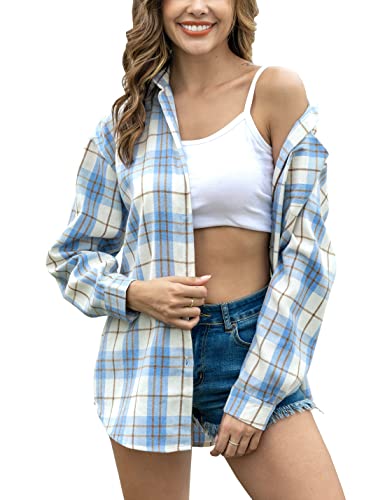 Lumister Übergroßes Flanellhemd Damen Langarm Plaid Button Down Büffelhemd Bluse Tops mit einer Tasche, Hellblau, XX-Large von Lumister