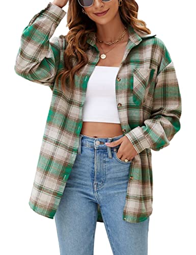 Lumister Übergroßes Flanellhemd Damen Langarm Plaid Button Down Büffelhemd Bluse Tops mit einer Tasche, Smaragd, X-Groß von Lumister