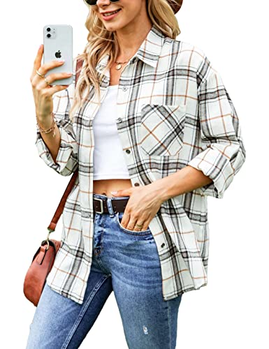 Lumister Übergroßes Flanellhemd Damen Langarm Plaid Button Down Büffelhemd Bluse Tops mit einer Tasche, White, Mittel von Lumister