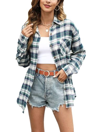 Lumister Übergroßes Flanellhemd für Damen, langärmelig, kariert, Knopfleiste, Büffelhemd, Bluse, Tops mit einer Tasche, 01 Blau Grün, Mittel Lumister Übergroßes Flanellhemd für Damen, langärmelig, kariert, Knopfleiste, Büffelhemd, Bluse, Tops mit einer Tasche, 01 Blau Grün, Mittel von Lumister