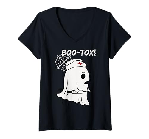 Damen Gruselige Halloween-Boo-Tox (Botox) Plastische Chirurgin Lustig T-Shirt mit V-Ausschnitt von Luna's Halloween Studio for Nurses