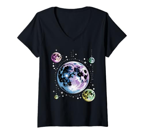 Damen Galaxy Moons Himmlische kosmische farbenfrohe Mondkunst T-Shirt mit V-Ausschnitt von LunaGlow