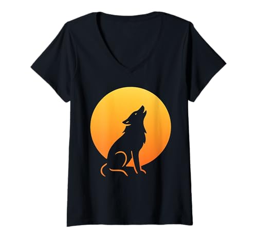 Damen Heulender Wolf Silhouette Sonnenuntergang Wilde Natur Szene T-Shirt mit V-Ausschnitt von LunaHowl