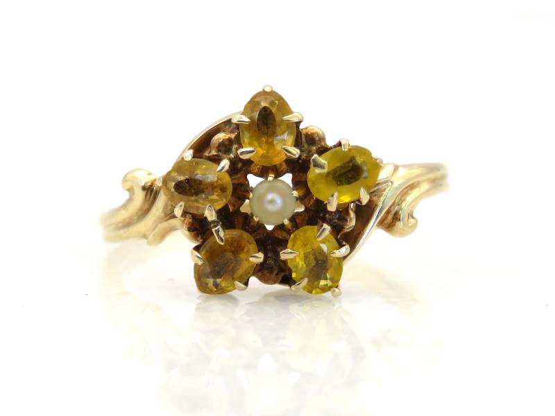 Antiker 14K Gold Citrin Und Perlen Blumen Cluster Ring von LunaLagoonTreasures
