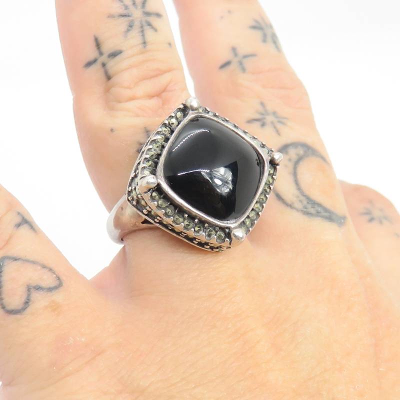 Vintage Cocktailring Aus Sterlingsilber Mit Onyx Und Markasit von LunaLagoonTreasures