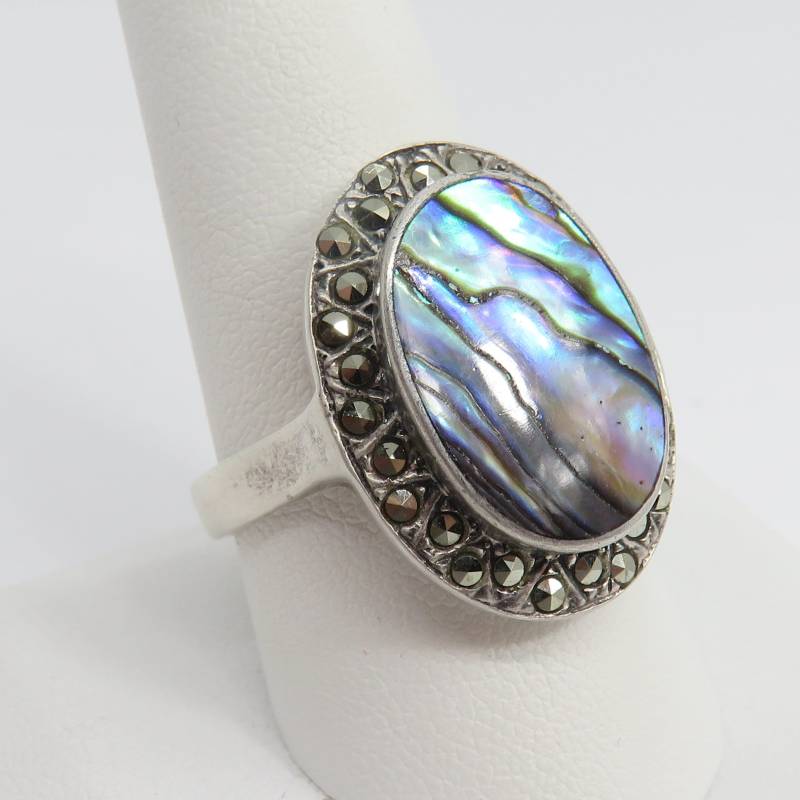 Vintage Sterling Silber Abalone Und Markasit Ring Größe 10 von LunaLagoonTreasures