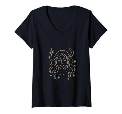 Damen Mystical Moon Woman Line Art mit himmlischen Sternen T-Shirt mit V-Ausschnitt von LunaMuse Designs