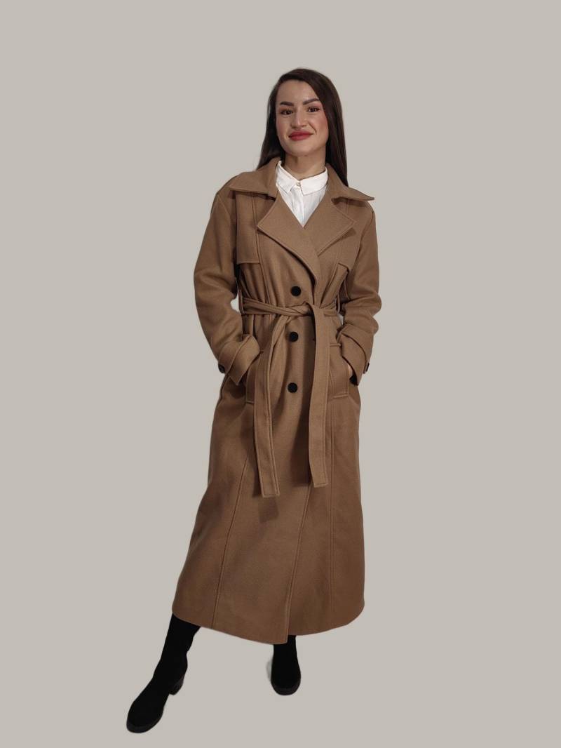 Brauner Wollmantel Langer Frauen Zweireihig Warmer Wintermantel Gürtel Lockere Passform Mantel von LunaSolStyle1