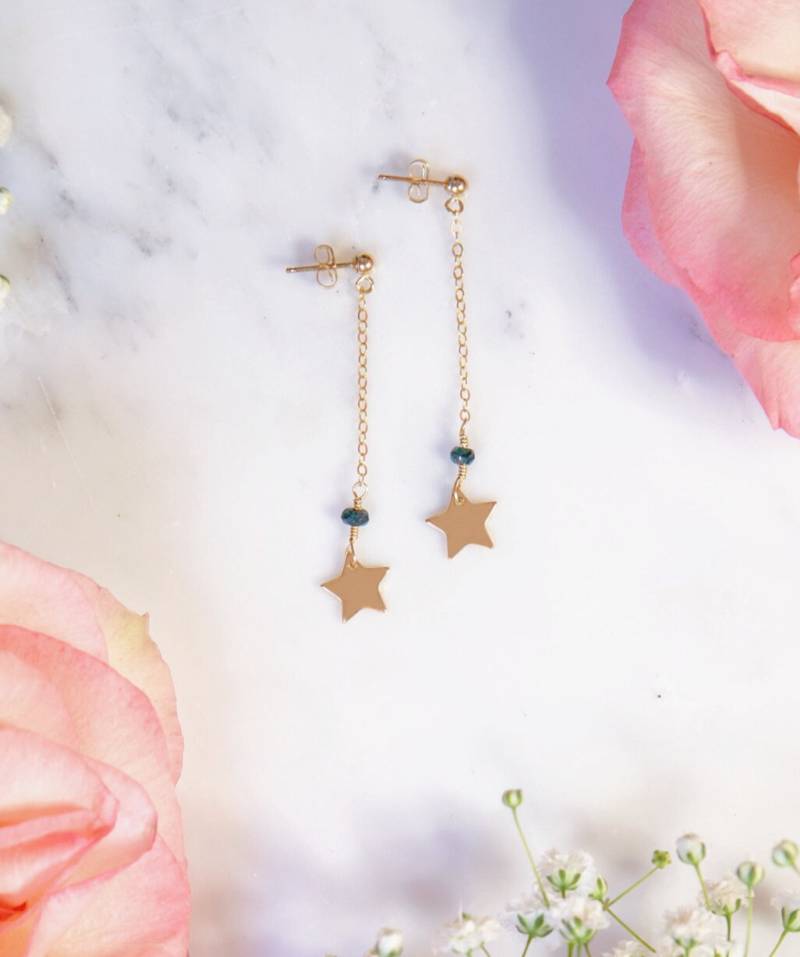 Neptun Teal Stern - Lange Ohrstecker Mit Kette Minimalistisch Himmlisch Zierlich Zart 90Er Jahre Anime Inspiriert Kawaii von LunamisAura